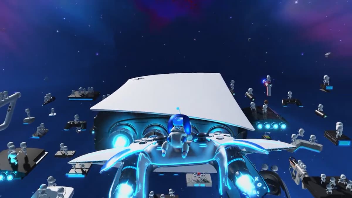 Astro Bot hovering above a PlayStation 5.