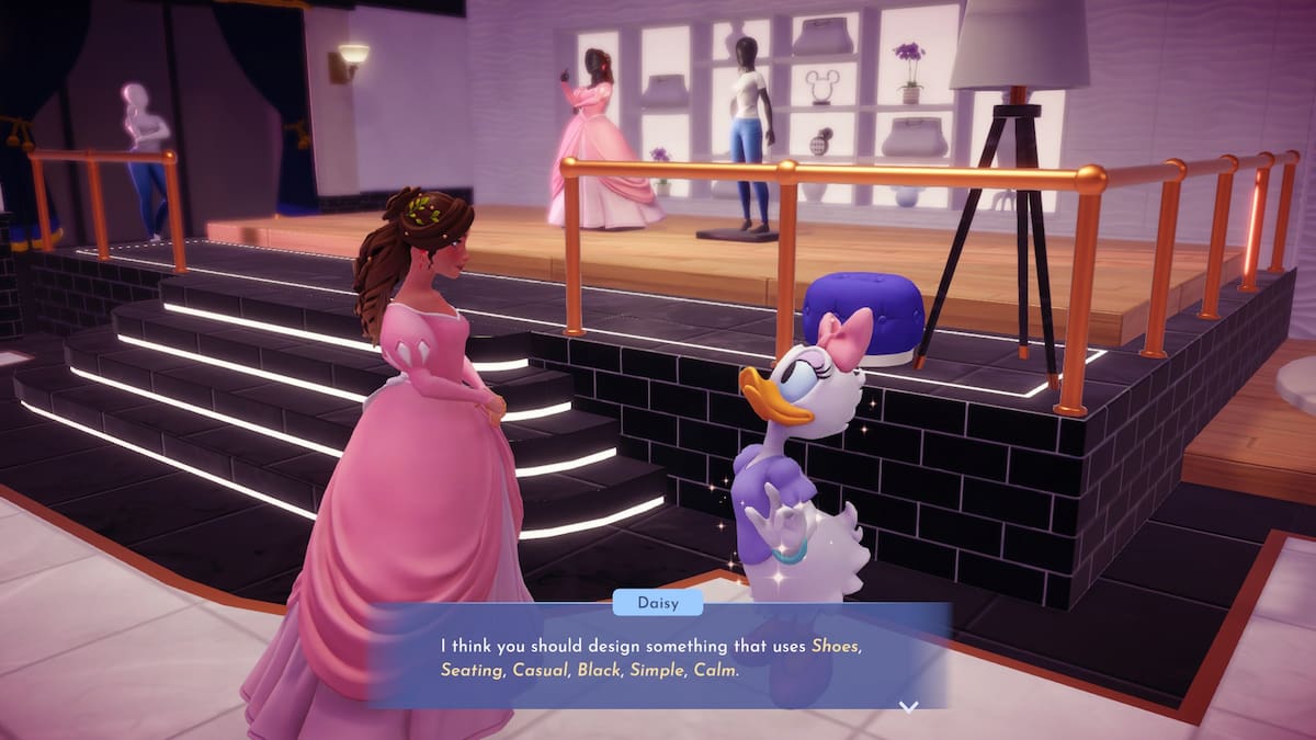 Talking with Daisy Duck about Boutique Challenge rules in Disney Dreamlight Valley.