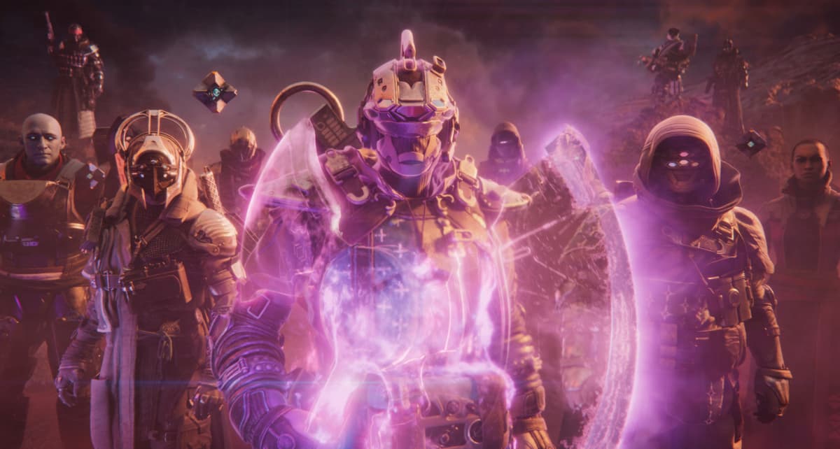 A group of Guardians stand together, with a Titan at the front wielding an axe that is awash in purple Void light.