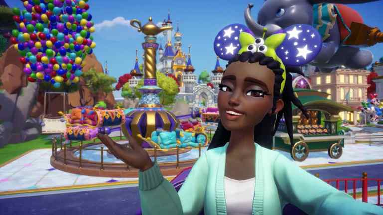 A player taking a picture with Disney Parks rides in Disney Dreamlight Valley.