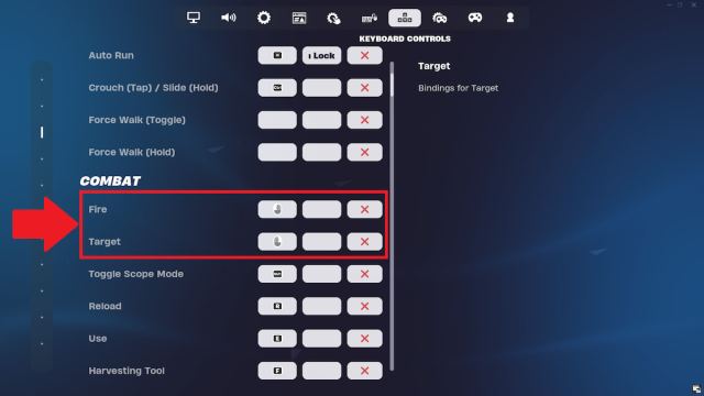 The Fire and Target options in Settings marked in Fortnite.