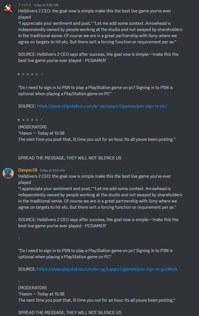 Helldivers 2 Discord copy pasta in response to PSN account link requirements.