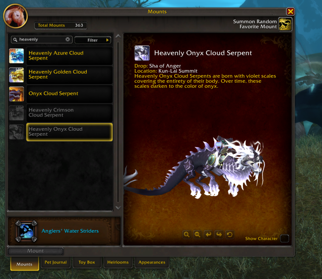 The Heavenly Onyx Cloud Serpent as seen in the WoW mount journal