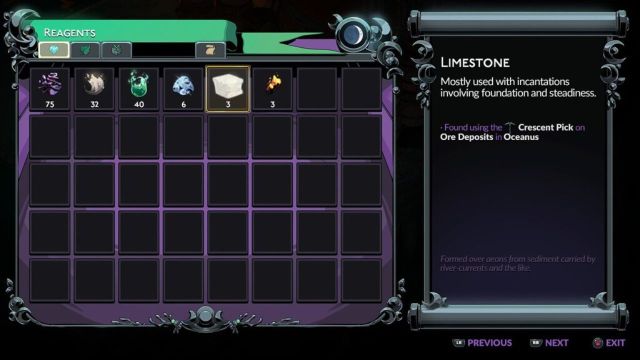 Limestone description in inventory in Hades 2