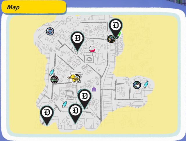 A map of the city in Little Kitty, Big City, showing five placemarkers where each cardboard box can be found.