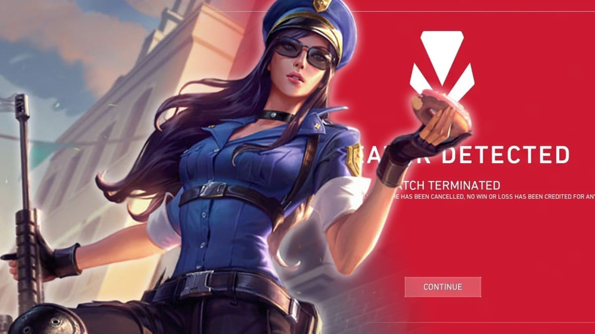 Riot Officer Caitlyn from League of Legends appears in front of a VALORANT Vanguard cheater detected warning with a doughnut in her hand.