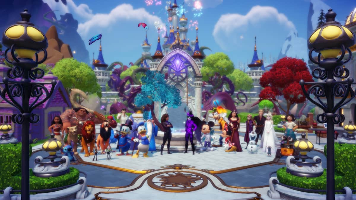 A bunch of Disney Dreamlight Valley characters gathered together in front of a castle.