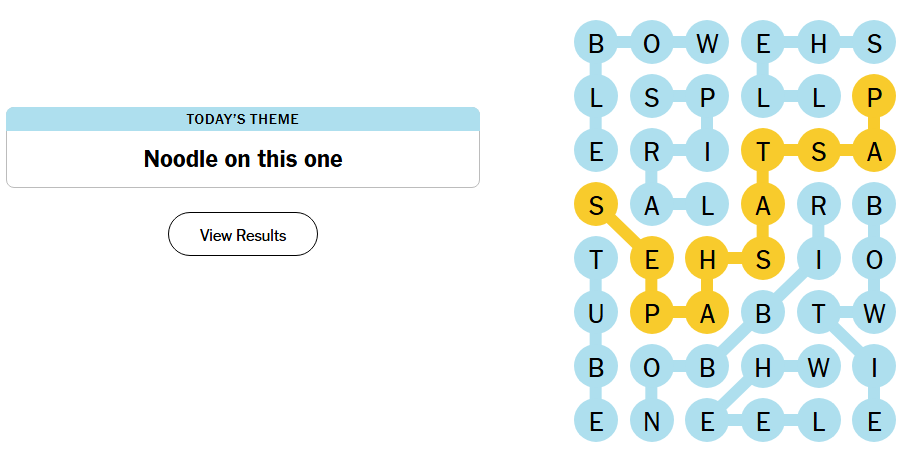The May 27 Strands solution showing PASTASHAPES in yellow as the Spangram.