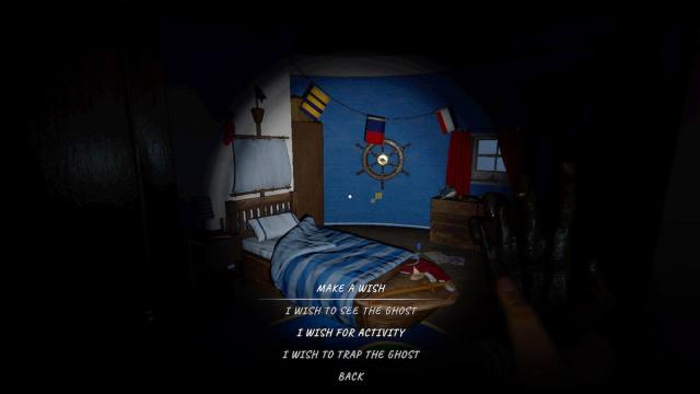 The player holding a Monkey Paw in the children's bedroom at Point Hope in Phasmophobia preparing to choose a wish from three options: I want to see the ghost, I wish for activity, and I wish to trap the ghost.