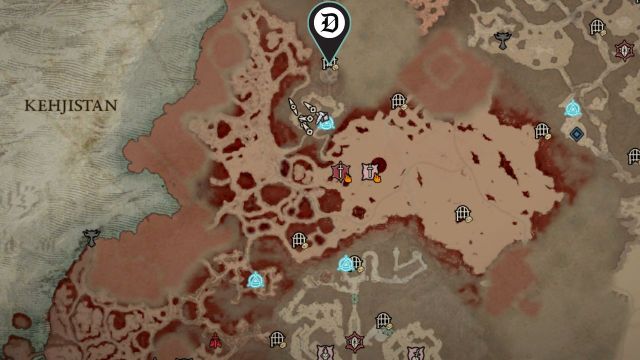 The Diablo 4 map showing the Kehjistan area with a Dot Esports pin on top of the Sepulcher of the Forsworn dungeon.