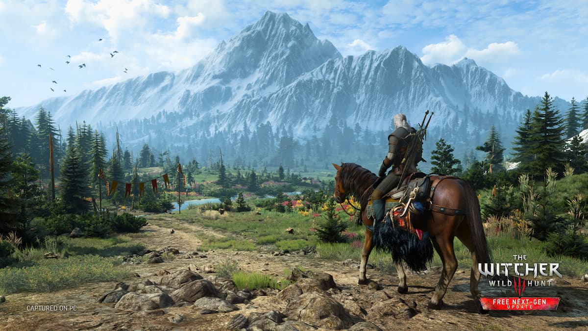 Geralt riding through the plains in The Witcher 3