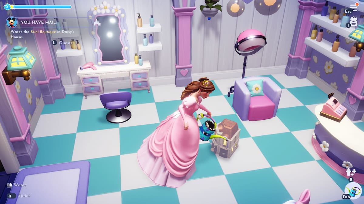 The player watering the Boutique in Disney Dreamlight Valley.