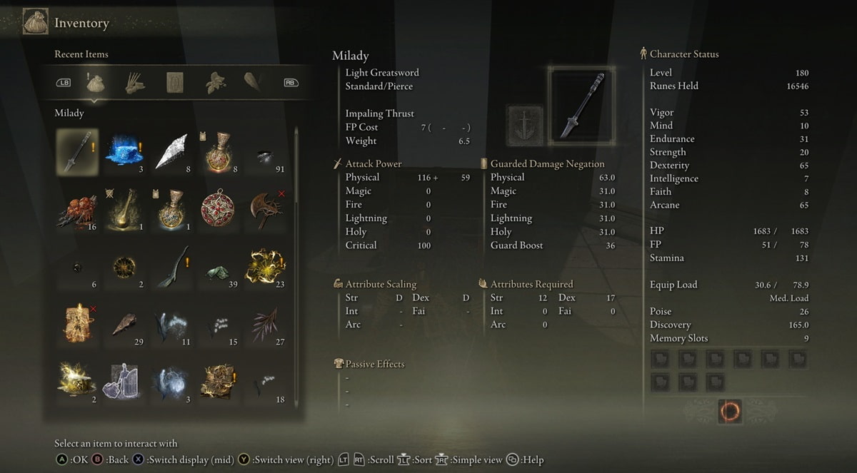 Showcasing Milady's stats in Elden Ring