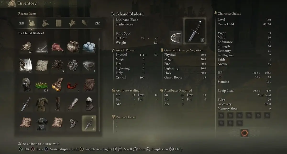 Showcase of weapon stats for the Backhand Blade in Elden Ring