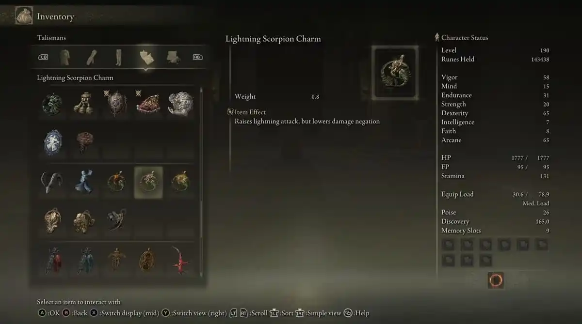 Item showcase of the Lightning Scorpion Charm talisman in Elden Ring