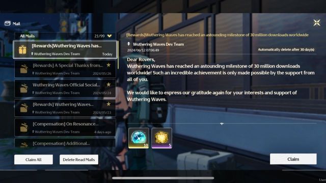 30 million download reward email wuwa