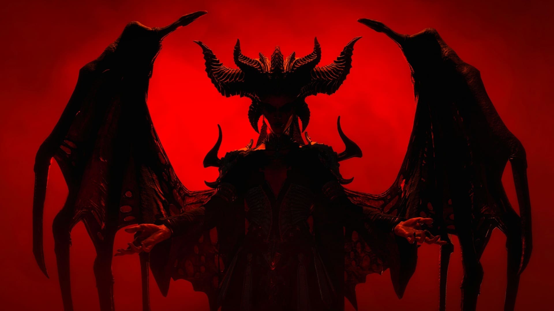 The dark silhouette of a demonic woman with horns and bat-like wings against a red background