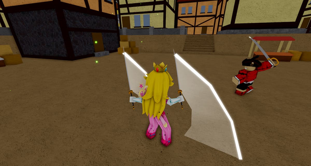 Blox Fruits character is using dual katanas