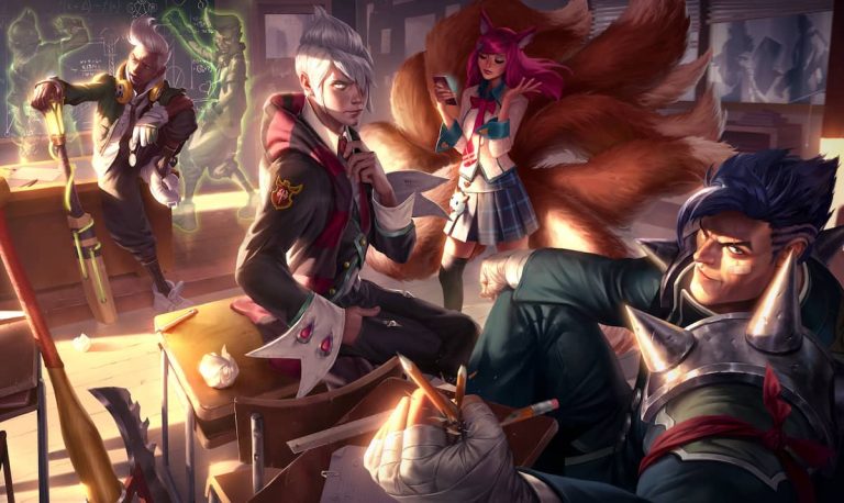 Academy Darius League of Legends splash art, also featuring Ekko, Vladimir, and Ahri.