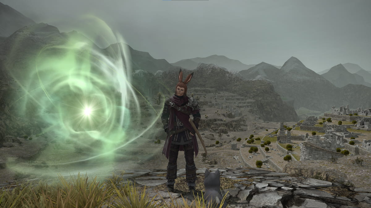 A character stands on a hillside with mountains and an Aether Current nearby in Final Fantasy.