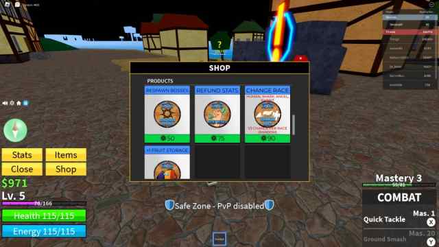 The shop menu shown in Blox Fruits in Roblox.