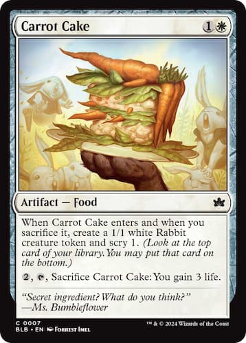 Youngling rabbits scrambling to get carrot cake in Bloomburrow MTG set