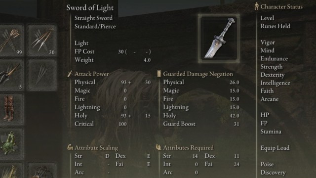 The Sword of Light stats in Elden Ring Shadow of the Erdtree.