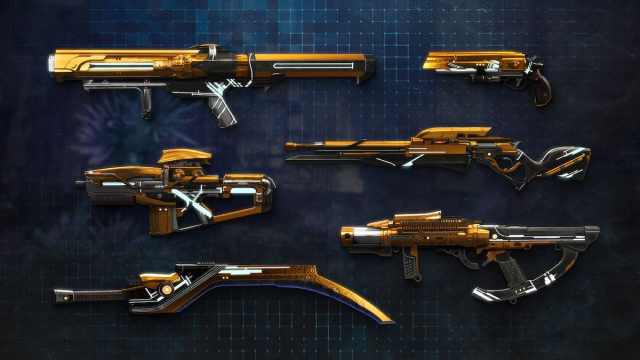 The weapons from Act One of Episode Echoes, including a scout rifle, a sword, a rocket launcher, a hand cannon, a grenade launcher, and an auto rifle. All of those weapons have a Vex theme.