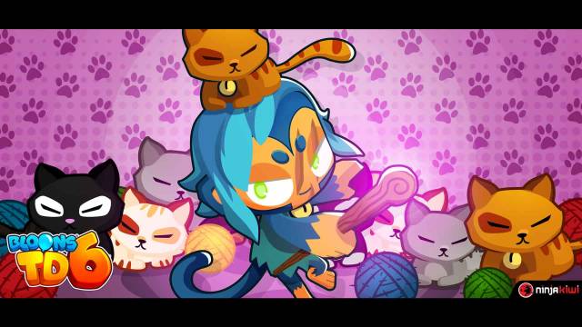 A friendly monkey sitting with her cats in BTD6.