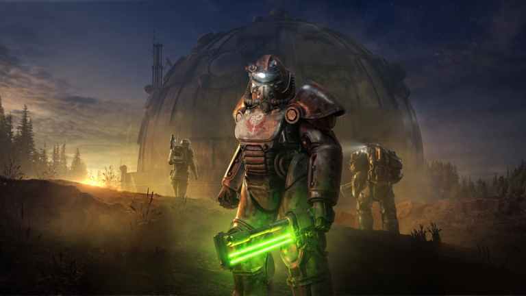 An image from Fallout 76 of a soldier wearing power armor and wielding a glowing melee weapon.