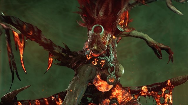 The Echo of Andariel, a demon woman who is a boss in Diablo 4, snarls and readies to attack.