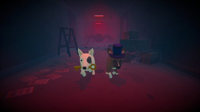 Two dogs—a white Boston Terrier and a brown Mutt—run down a reddish hallway with a giant spider chasing them in this screenshot from Haunted Paws.