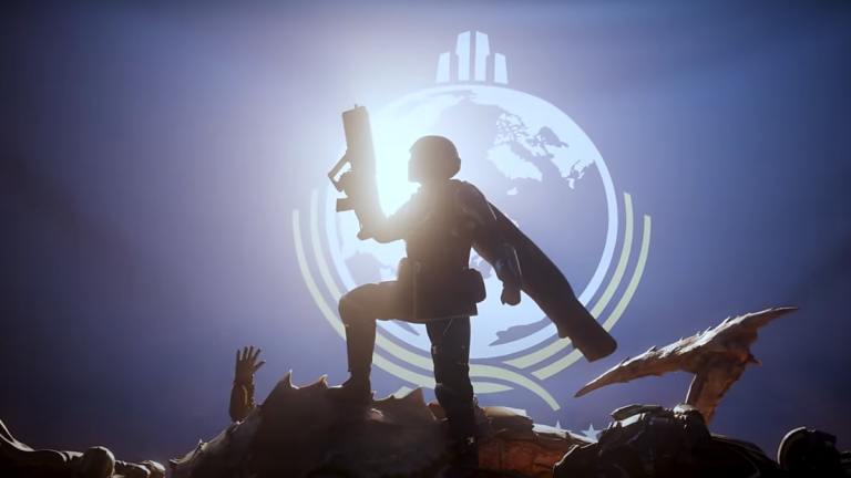 A Heldiver is silhouetted on a planetary flag in Helldivers 2.