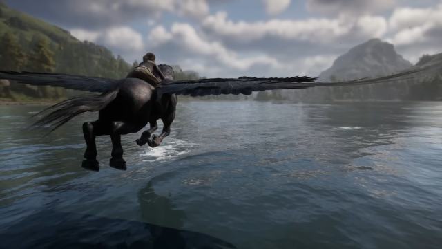 Hogwarts Legacy character soaring over a lake on a Hippogriff mount