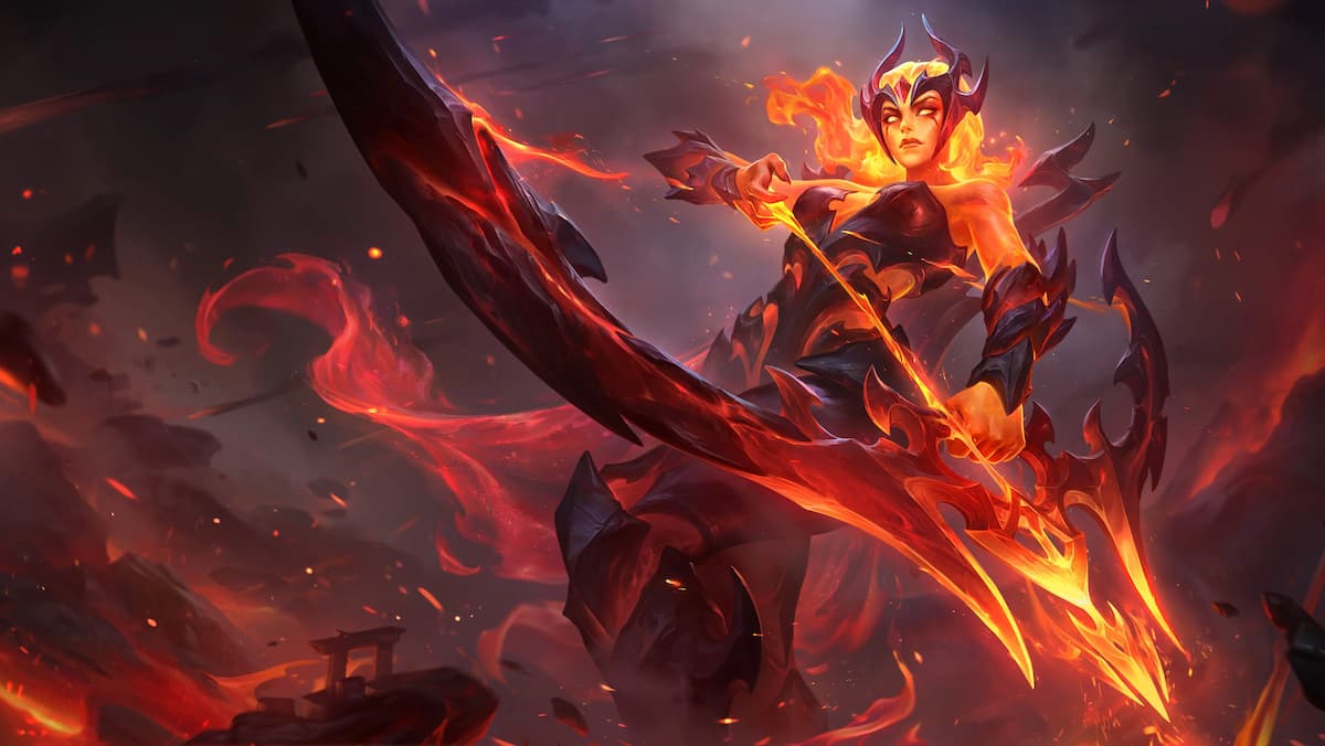 A splash art from League of Legends showcasing the Infernal Ashe skin. This turns ashe into a fiery warrior wielding a flaming bow.