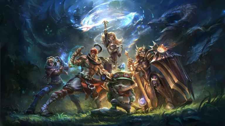 League of Legends splash art featuring Teemo, Lee Sin, Lux, Leona, and Ezreal.