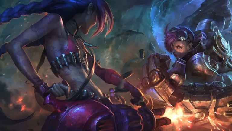 League of Legends splash art showing Vi facing off in battle against Jinx.