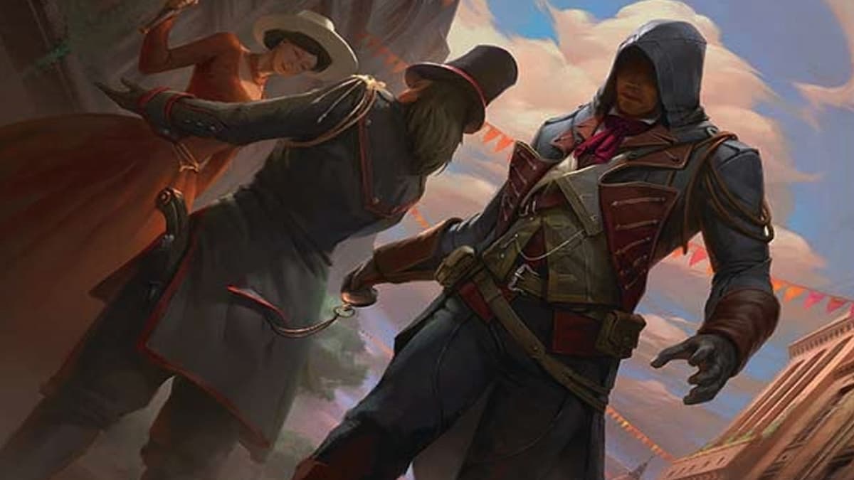 Assassin stealing watch from man and woman talking in Assassin's Creed MTG set