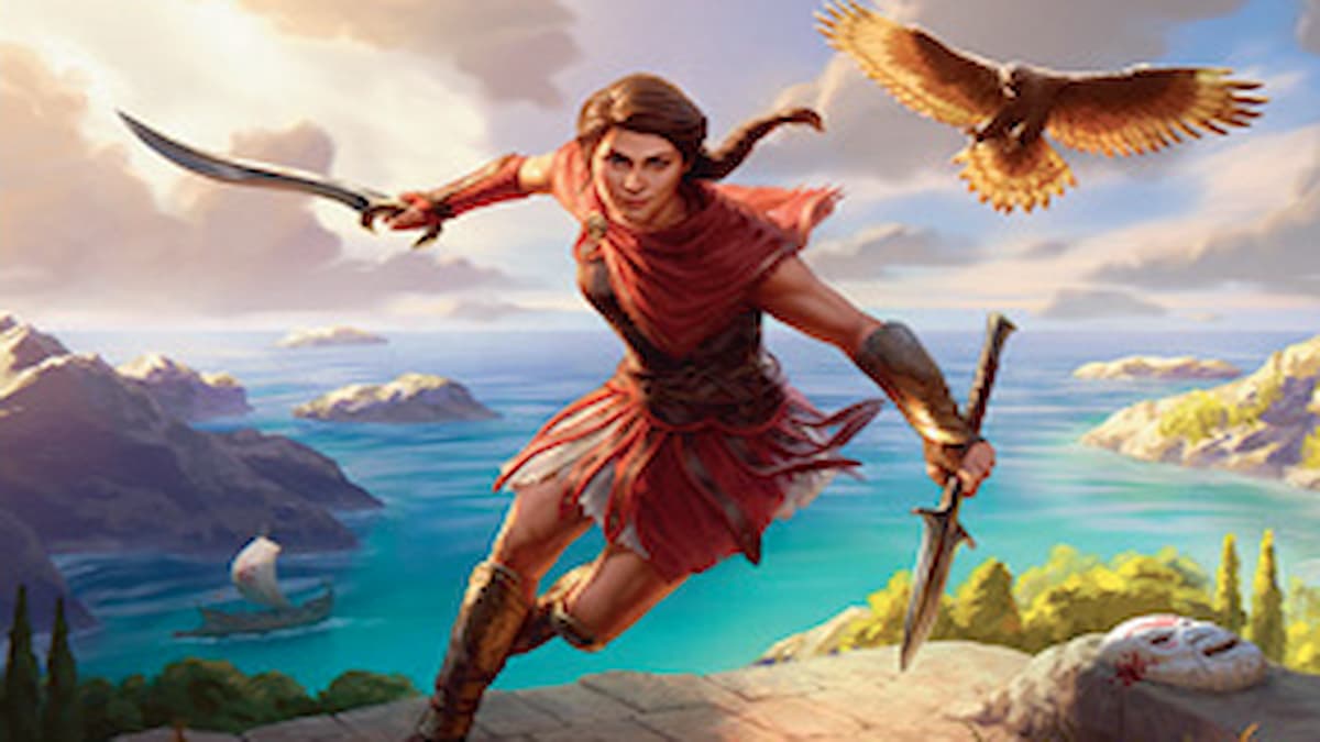 Kassandra holding The Spear of Leonidas while attacking in MTG