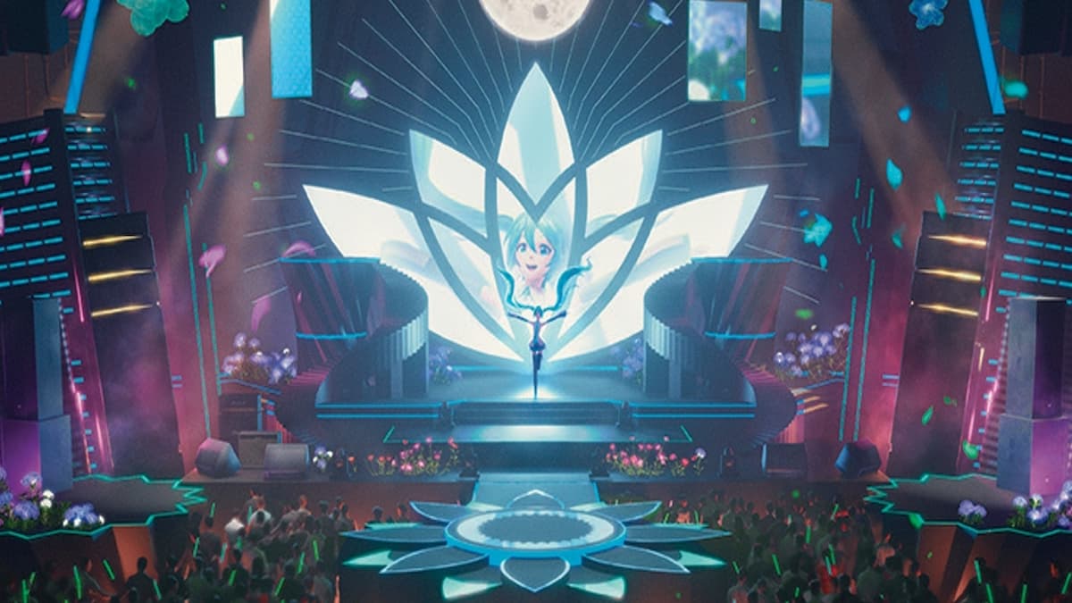Hatsune Miku on stage with crowd cheering Miku! in MTG Secret Lair Summer Superdrop