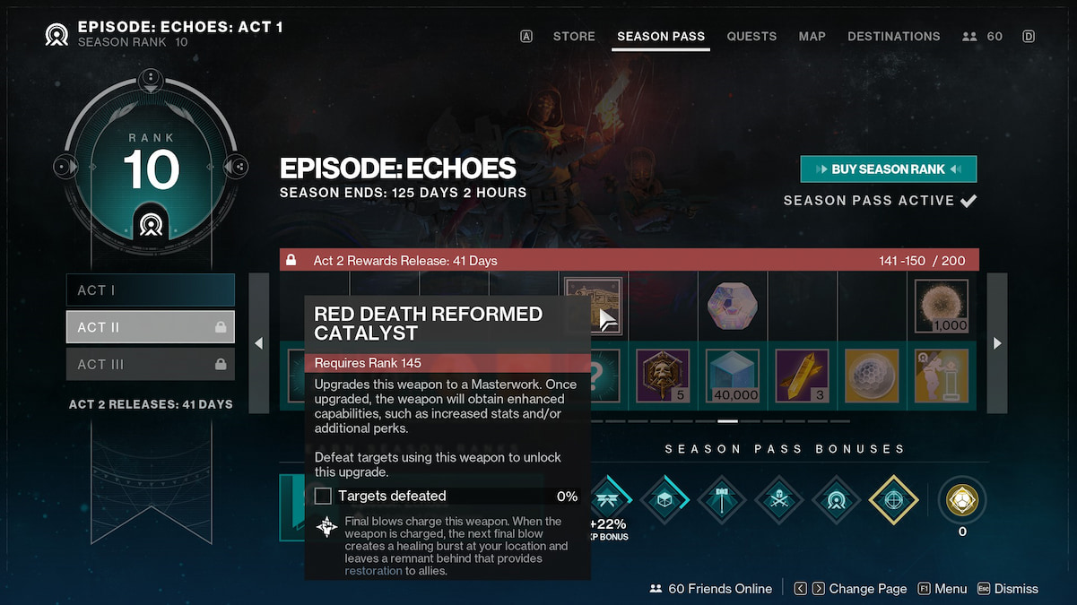 The season pass screen for Echoes, showing the Red Death Reformed catalyst as a reward for rank 145.