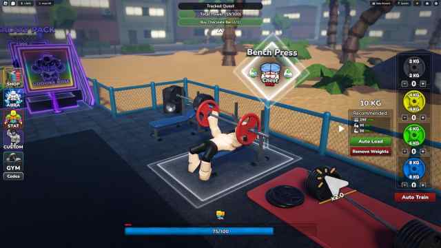 Roblox Gym League character is bench pressing