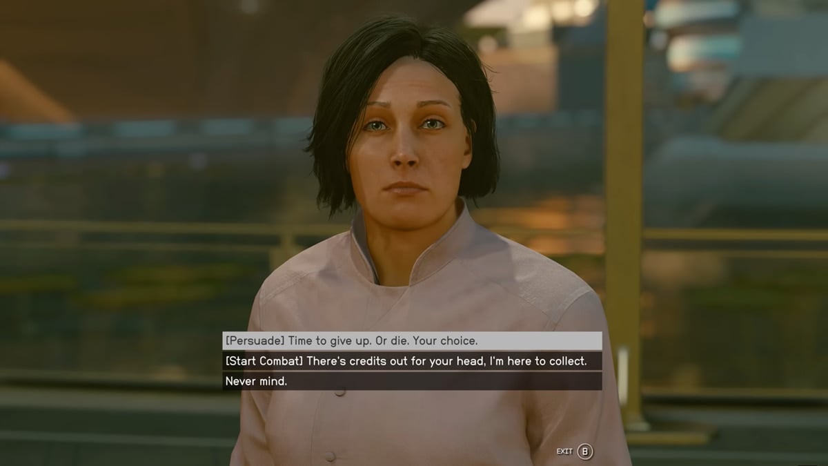 An image of the conversational decision screen showcasing the persuasion and combat options in Starfield.