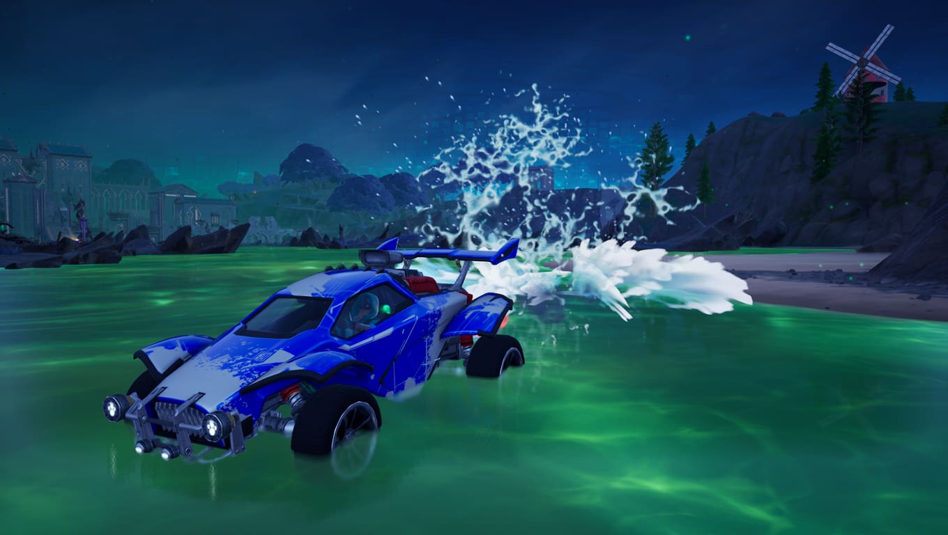 Nitro infused vehicle running on the River of Styx in Fortnite.