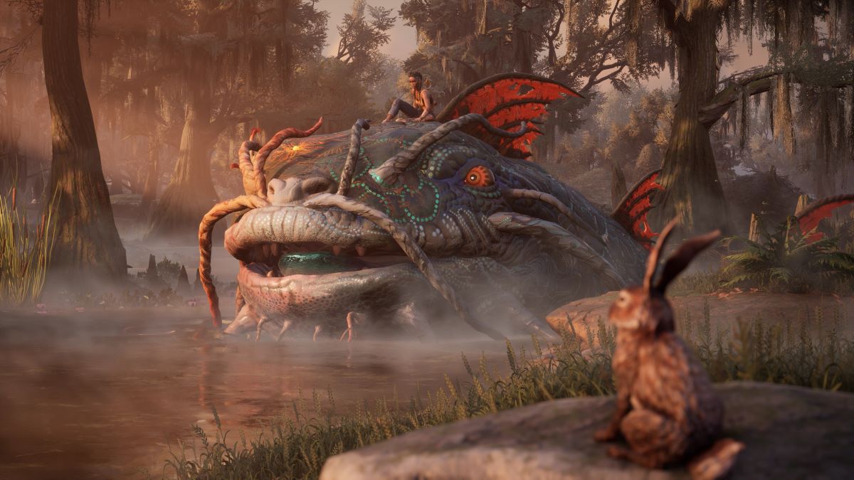 Promotional art for South of Midnight showing a character riding on top of a giant catfish in a swamp.