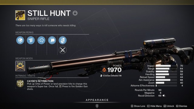 The Still Hunt sniper rifle seen in the Collections tab, showcasing its stats and perk.