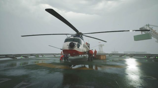 A helicopter on the landing pad of an oil rig in Still Wakes the Deep