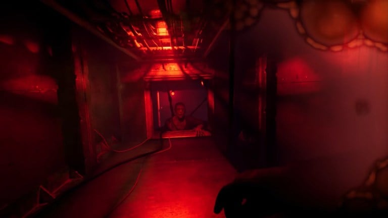 Humanoid figure looking into the ventilation shaft in Still Wakes the Deep trailer