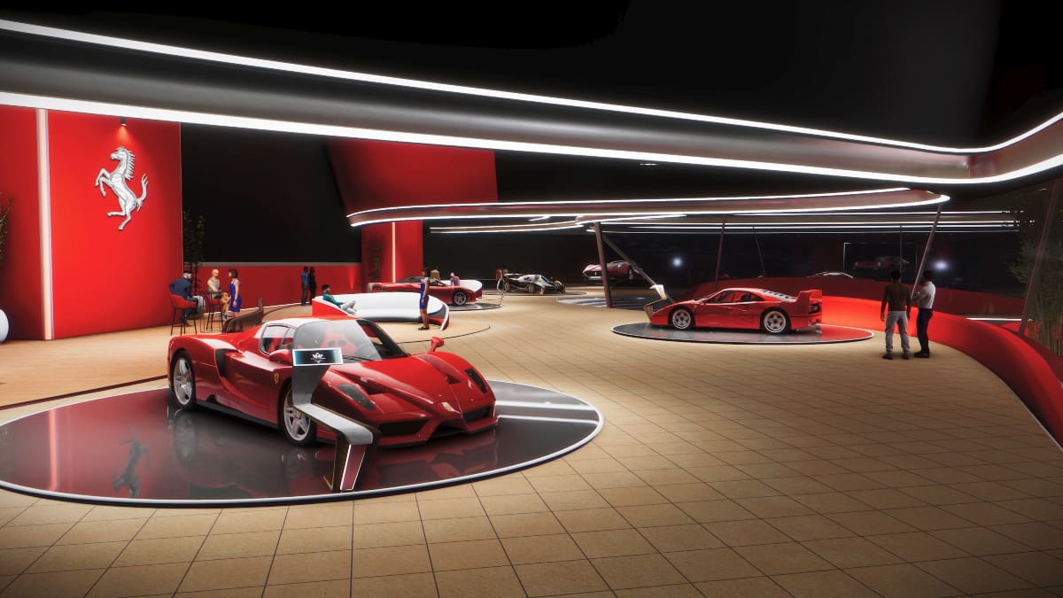 A screenshot of a Ferrari dealership in Test Drive Unlimited Solar Crown.