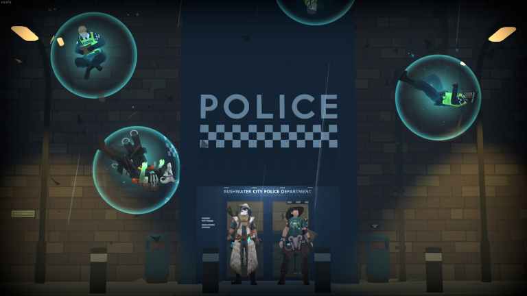 A screenshot from Tactical Breach Wizards showing the two main characters standing outside of a police station with floating bubbles with people in them inside.